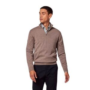 Zara Tan Fine Wool Turtleneck Quarter Zip Sweater with Slim Fit and Ribbed Cuffs